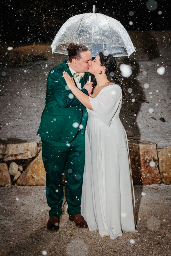 Photo de couple de nuit sous la neige à la Grange aux Fées à Méaudre, photo prise par Florian Fauvarque photographe de mariage à Grenoble et en Isère