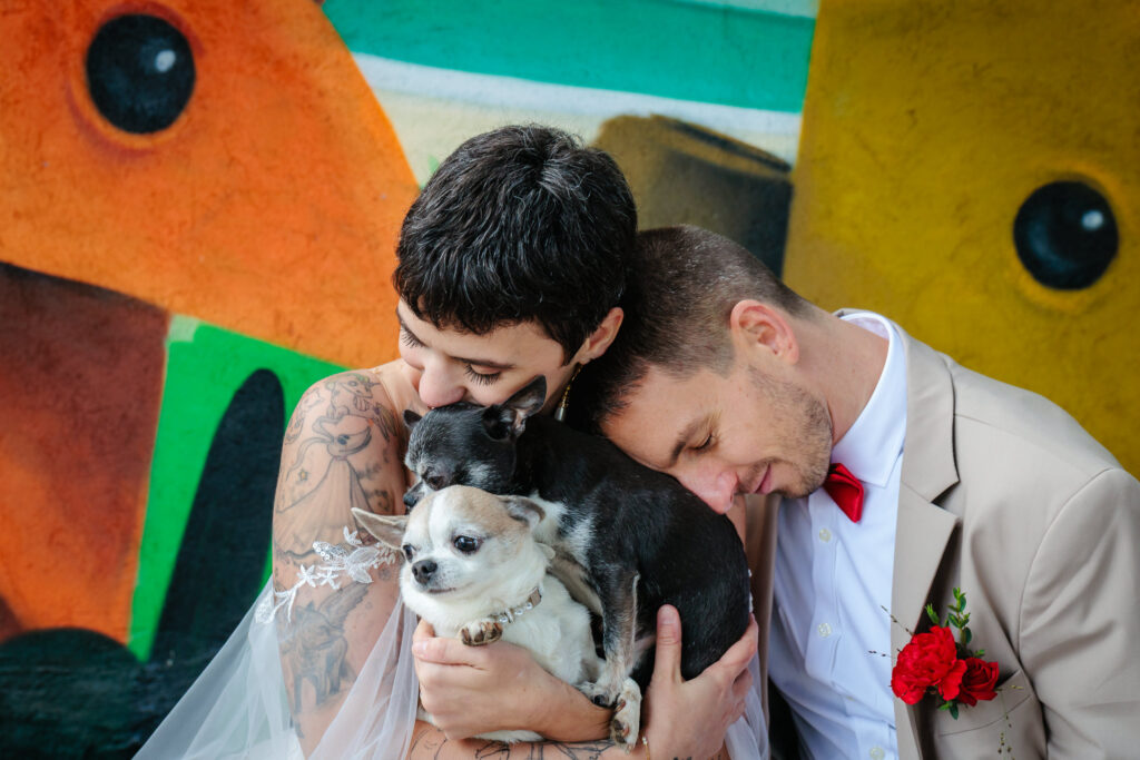 Séance couple avec les chiens chihuahuas des mariés, photo prise par Florian Fauvarque photographe de mariage à Grenoble et en Isère