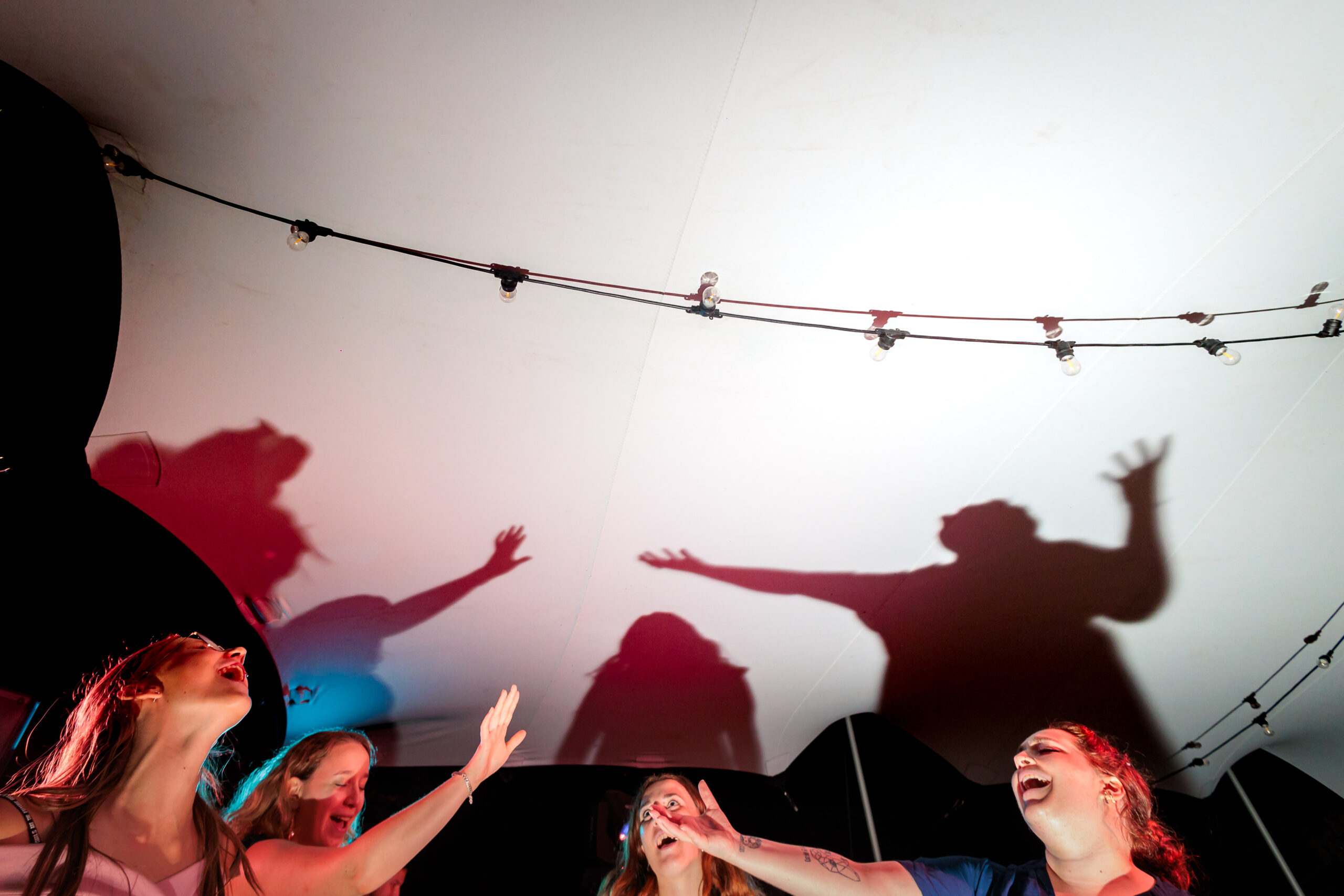 Ombres de personnes dansantes sous des lumières festives, photo prise par Florian Fauvarque photographe de mariage à Grenoble et en Isère